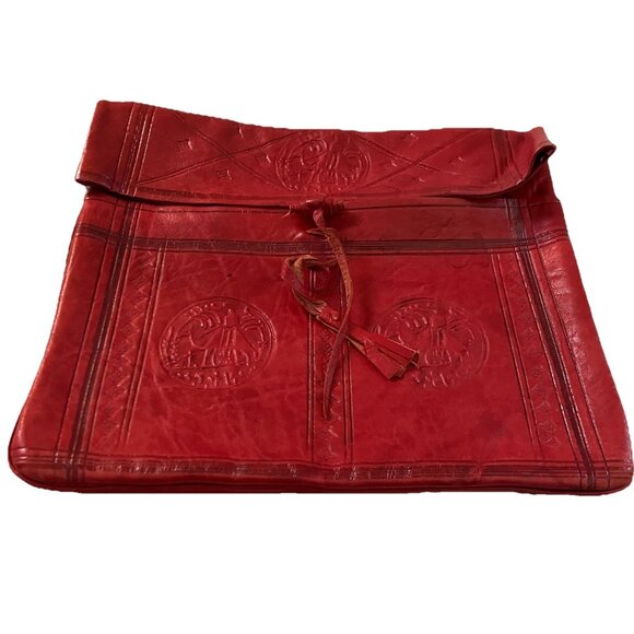 Vintage Tooled Leather Bag Red Braided Shoulder Purse Moroccan - Picture 1 of 11